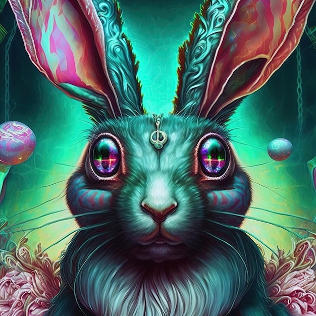 Neon iridescent psychedelic rabbit Generative AI Not based on any actual scene or pattern