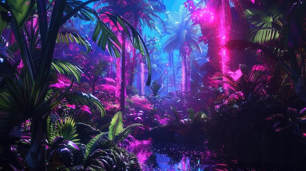 Neon jungle exotic plants bathed in vibrant