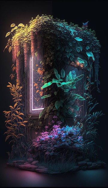 Neon jungle with vines and small flowers around illustration wallpaper AI Generated Image