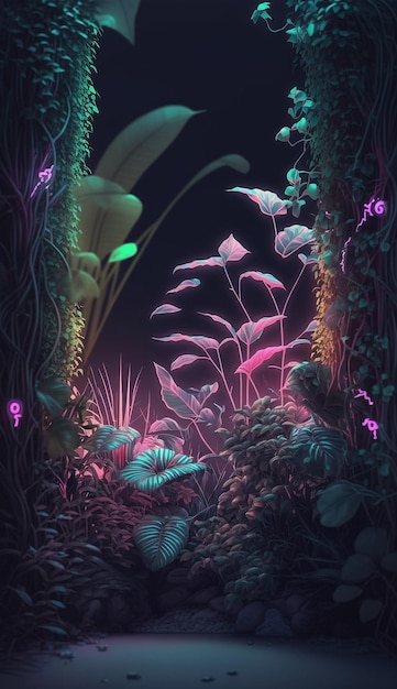 Neon jungle with vines and small flowers around illustration wallpaper AI Generated Image