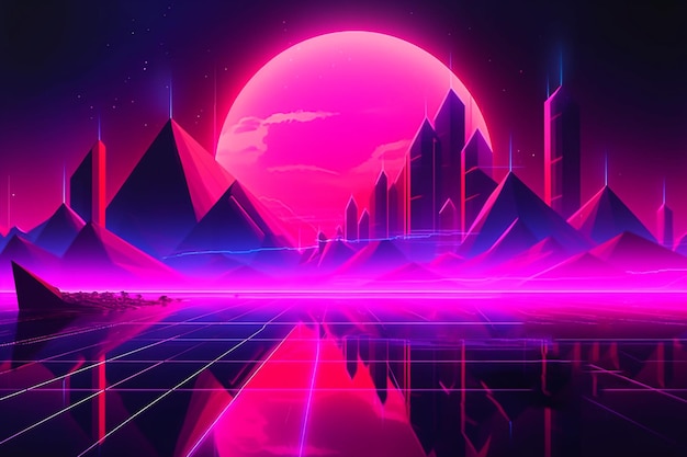 A neon landscape with mountains and a neon landscape.