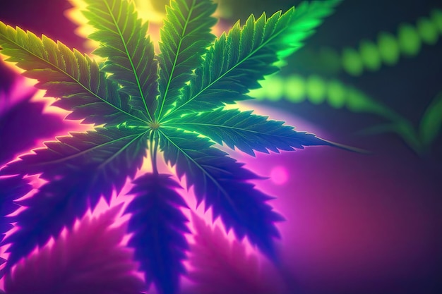 Neon leaf of the cannabis on colorful background ai generative