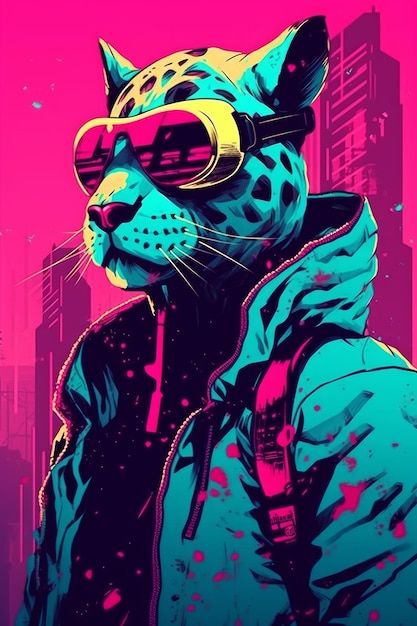 A neon leopard dog in a city