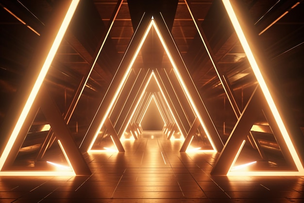 Neon light abstract background Triangle tunnel or corridor sepia colors neon glowing lights Laser