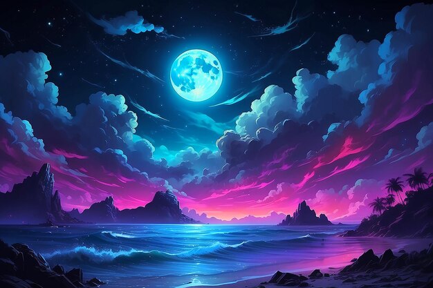 neon light art in the dark of night moonlit seas cloud