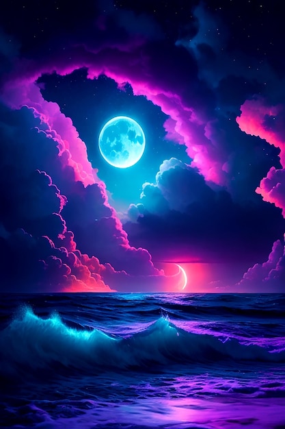 neon light art in the dark of night moonlit seas clouds moon stars colorful detailed 4k