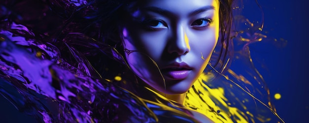 Neon light a closeup of a beautiful girls face is captured in a vibrantly surreal fashion photography style Paint makeup chaotic yet harmonious visual appeal