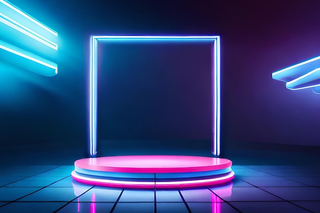 A neon light display in a dark room with a podium for a video game called'the light '