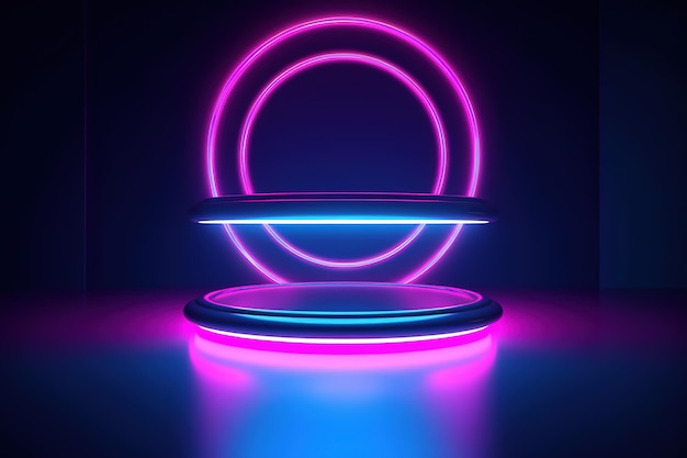 A neon light display podium on a dark background