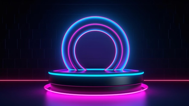 A neon light display with a round object in the middle.