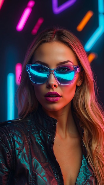 Neon light girl portrait in stylish sunglasses generated by AI