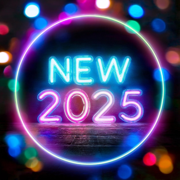 Photo neon light inscription new 2025 new year card