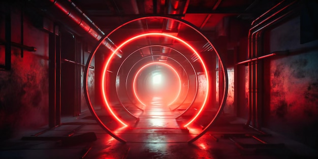 A neon light is coming through a tunnel