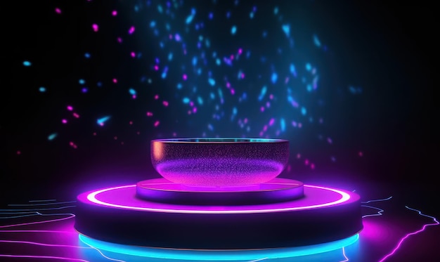 A neon light is above a round table with a bowl on it.