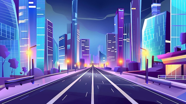 Neon light on night city road street cartoon landscape