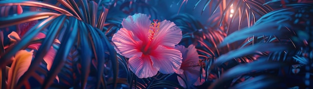 Neon light painting strokes highlight the delicate textures of tropical flowers at twilight