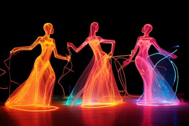 Neon light silhouettes of dancing girls on black background Horizontal illustration