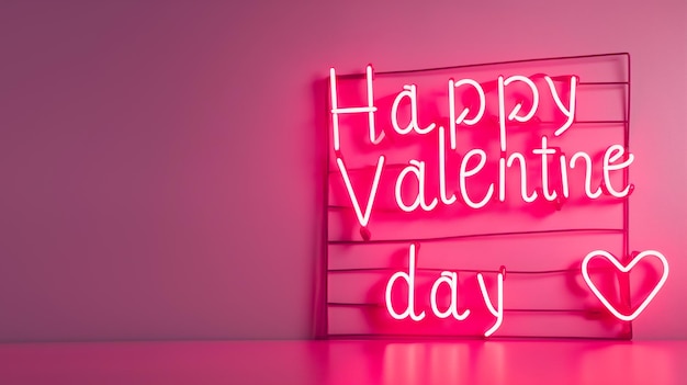 Neon light spelling Happy Valentines day Pink background