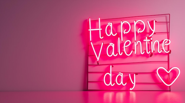 Neon light spelling Happy Valentines day Pink background