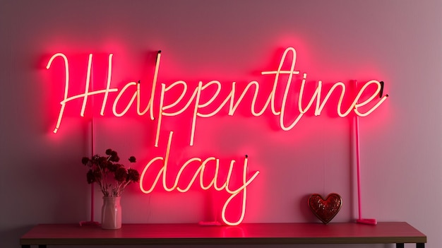 Neon light spelling Happy Valentines day Pink background