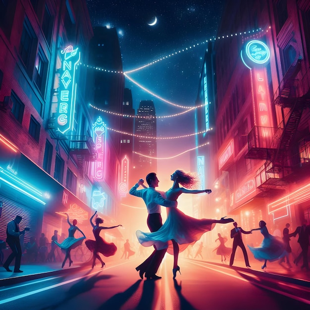 Neon light style of a bustling downtown alleyway under a starlit sky where couples twirl and spin