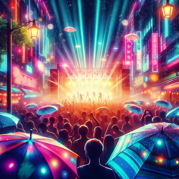 Neon light style of a lively music festival in the heart of a summer rainstorm with revelers dancin