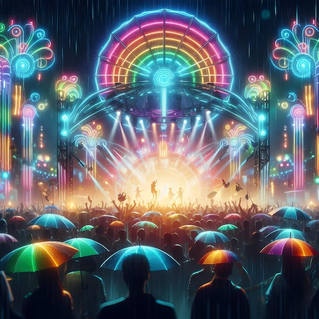 Neon light style of a lively music festival in the heart of a summer rainstorm with revelers dancin