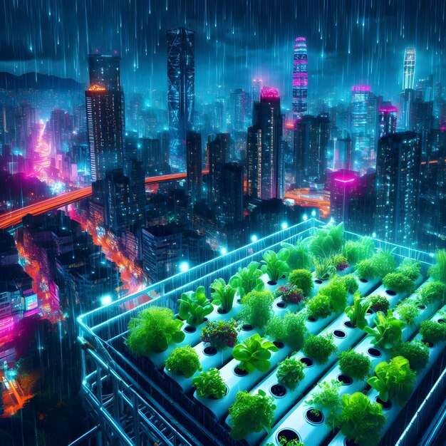 Photo neon light style of verdant hydroponic gardens flourishing under the shimmering glow amidst the bus