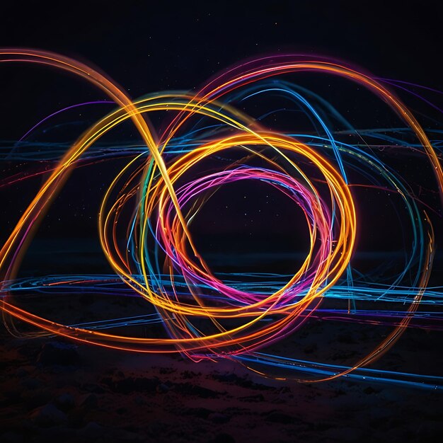 Photo neon light trails intertwining in a cosmic dance with vibrant colors and dynamic starry patterns