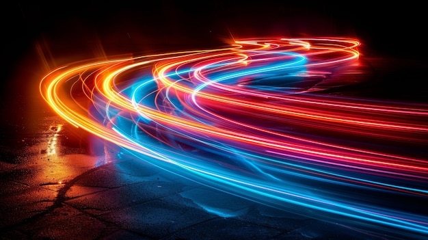 Neon Light Trails Long exposure trails of neon lights creating abstract shapes adding a sense of energy and motion