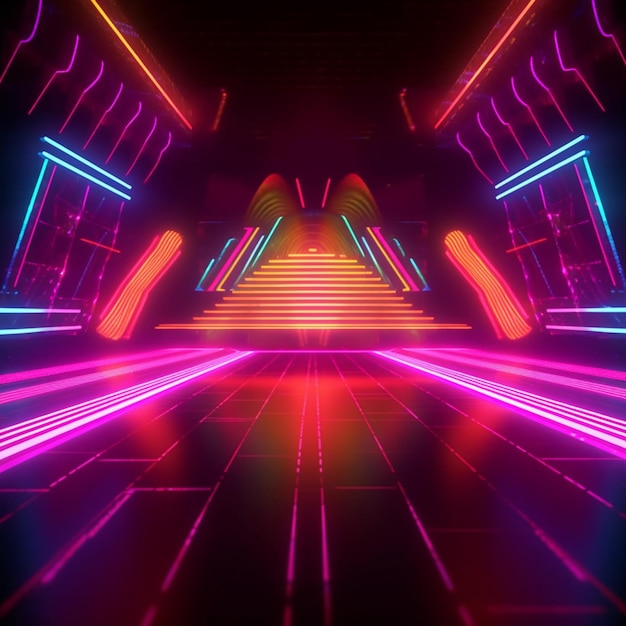 A neon light tunnel with stairs and stairs leading to the top generative ai