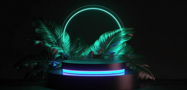 A neon light with a green palm leaf in the middle