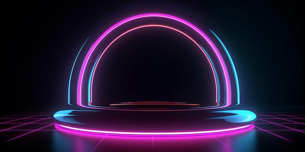 A neon light with a round base and a round table in the middle.