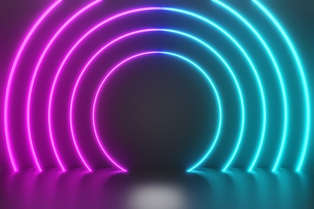 Neon lighting circle pink blue background. 3D illustration rendering.