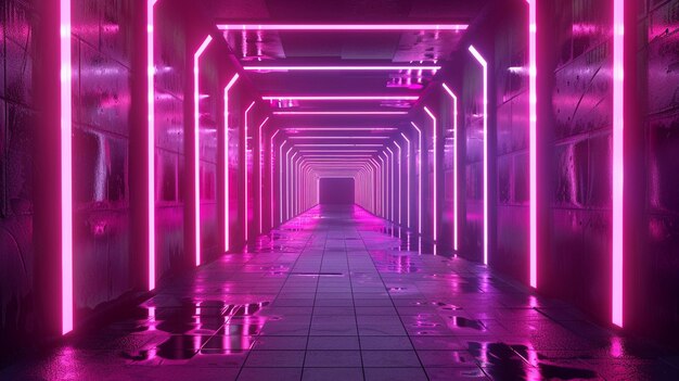 Neon Lights Background Hallway with Tiled Floors