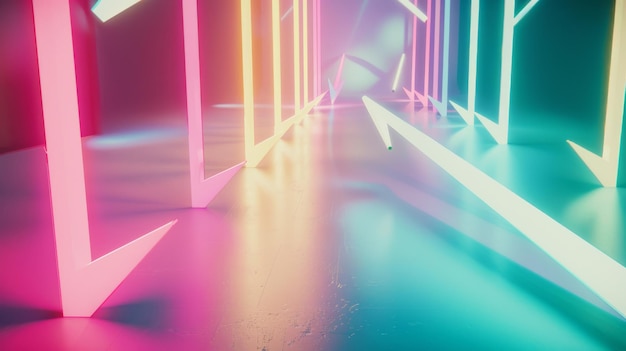 Photo neon lights create a dramatic scene with arrows pointing directions in an abstract futuristic corridor