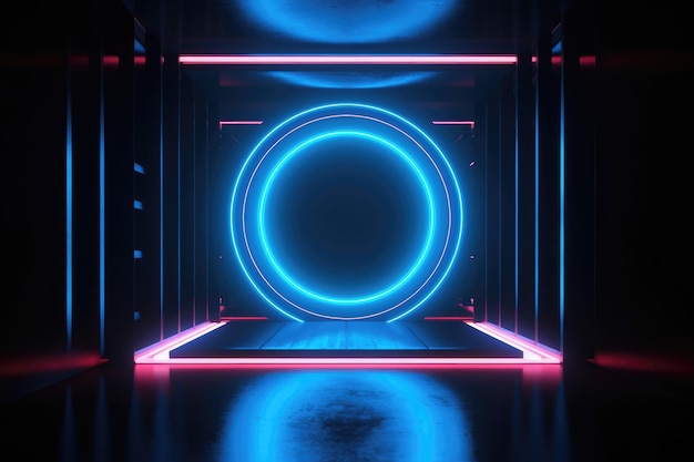 Neon lights in a dark room with a circle in the middle.