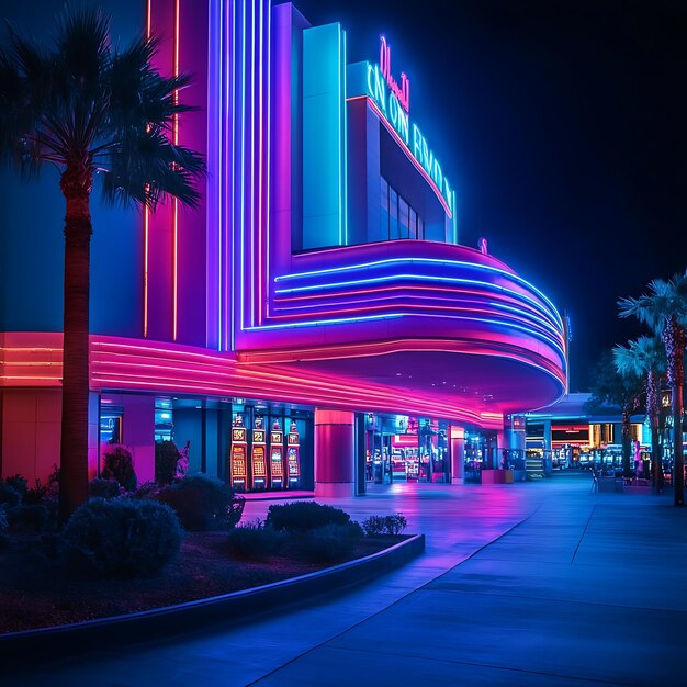 Photo neon lights illuminate a casino entrance at night