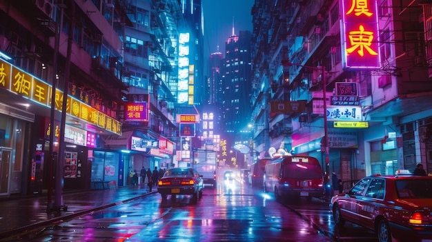 Neon Lights Illuminate Wet Street at Night