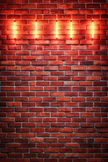 Photo neon lights on old grunge brick wall room backgroundempty space of red brown vintage grunge brick wall texture background