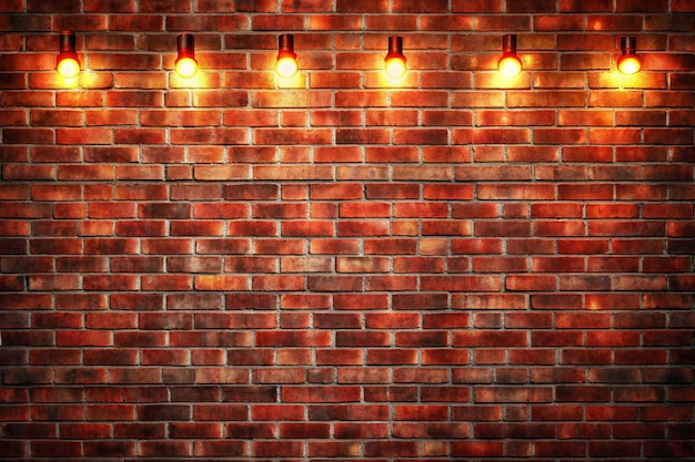 Neon lights on old grunge brick wall room backgroundEmpty space of Red brown vintage grunge brick wall texture background