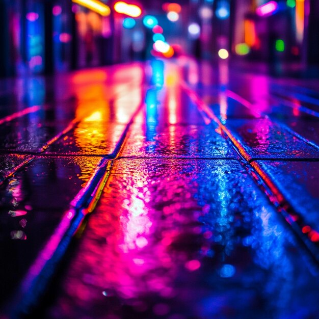 Photo neon lights reflection on wet city street at night