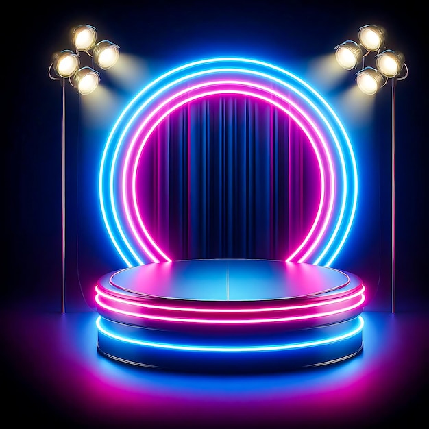 Neon lights stage realistic podium light dark podium with stage light background for mock up