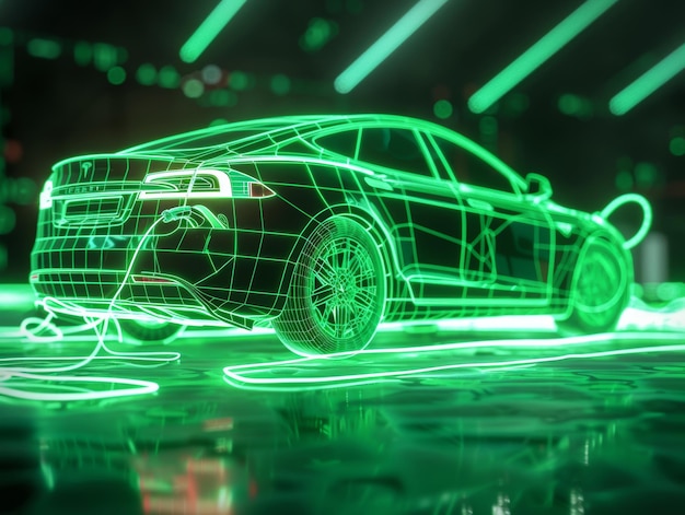 Neon lit 3d wireframe electric car charging with holographic vehicle in dark background