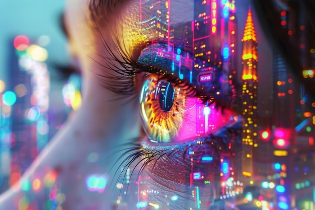 Neon lit cityscape reflected in an eye highlighting vibrant nightlife and futuristic urban explorat