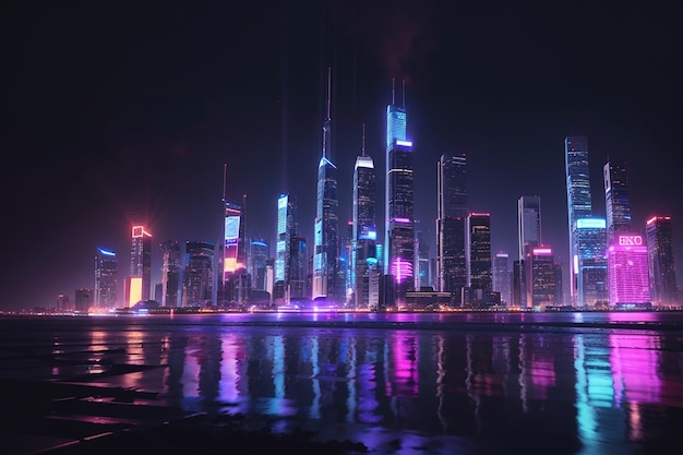 A neon-lit cityscape of towering skyscrapers, illuminated by the glow of advanced technology