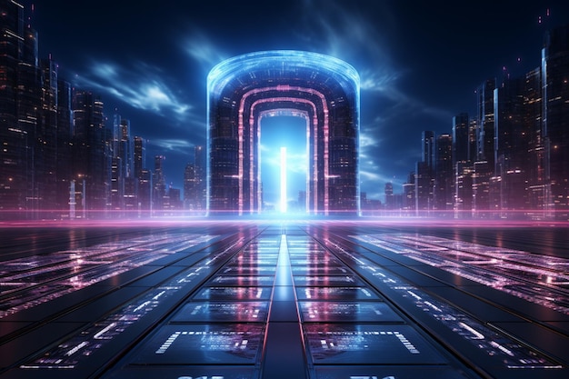 Neon lit digital passage Binary code comes through an open futuristic door