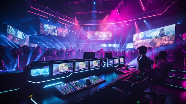 Neon Lit eSports Arena Showcasing Modern Gaming Battles and Cheering Crowd