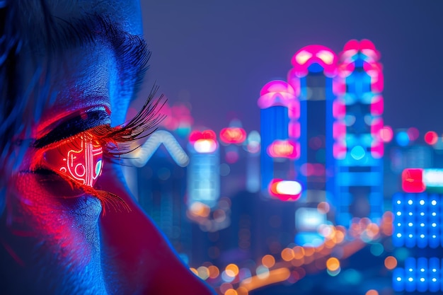 Neon lit eye reflecting a futuristic urban landscape the digital glow of the city creating a captiv