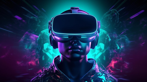 A neon - lit image of a man wearing a virtual reality headset.